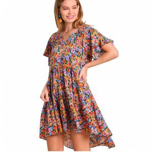 Umgee Bright Floral Feminine Boho Mini Dress High Low Hem Ruffle Sleeves